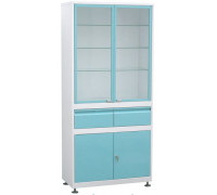 Шкаф 2-ух ств стекло/металл ШМС-2-Р-А-2-Ц с рег опор в алюмраме с выдвящ2 светло-зел фасад