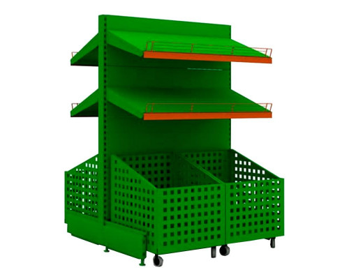 Торговый стеллаж для овощей с ящиками на колесах с двумя полками