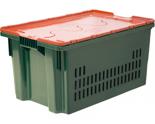 Ящик перфорированный 600*400*315 мм, объем 52 л., арт.: 602-1 SP м, зеленый с оранжевой крышкой, код: 18716